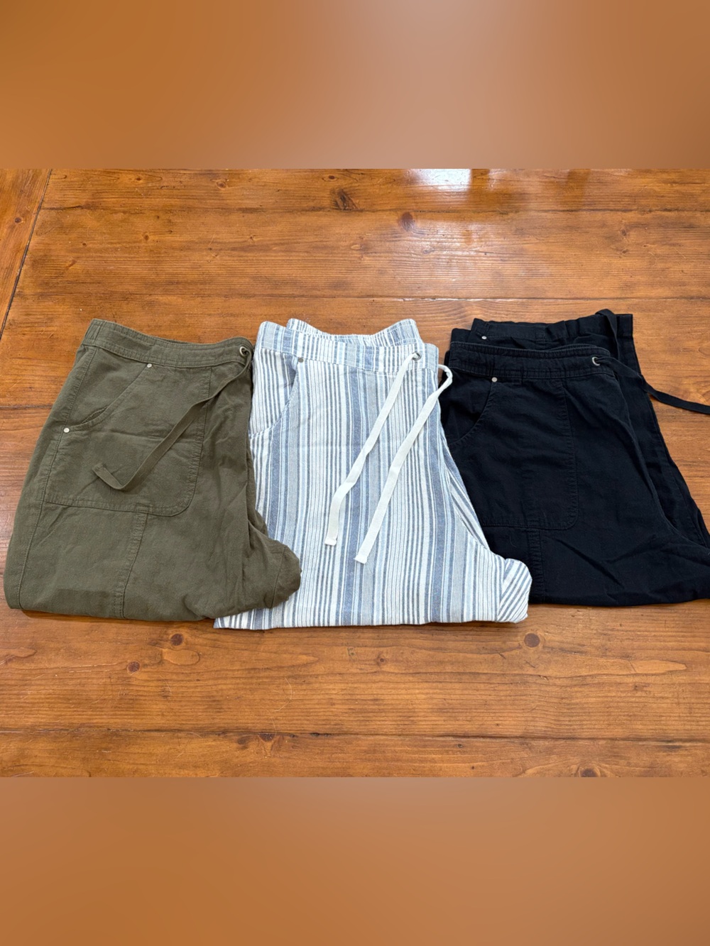 Casual Cotton Drawstring Capris Trio - Olive, White & Blue, Black.  Like New